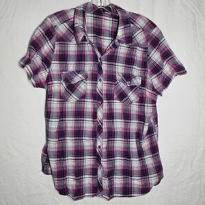 Emo grunge purple pink plaid short sleeve blouse